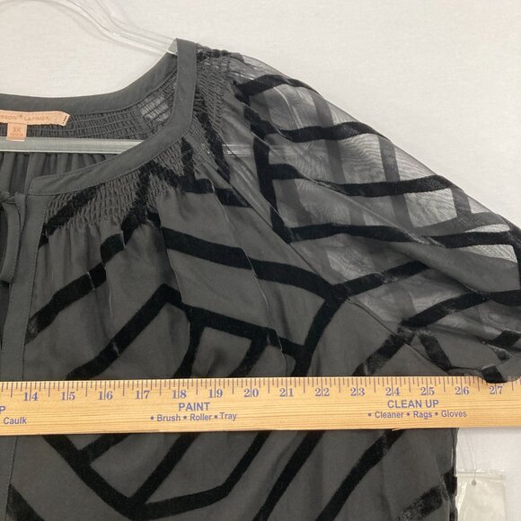 New Gibson Latimer size 3X Black Chiffon Velvet Burnt-out Smock Tie Front Blouse - Picture 7 of 11